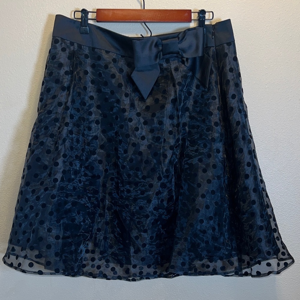 NWT ELLE Women’s Black Sheer Polka Dot A-Line Skirt Bow Accent Size 16